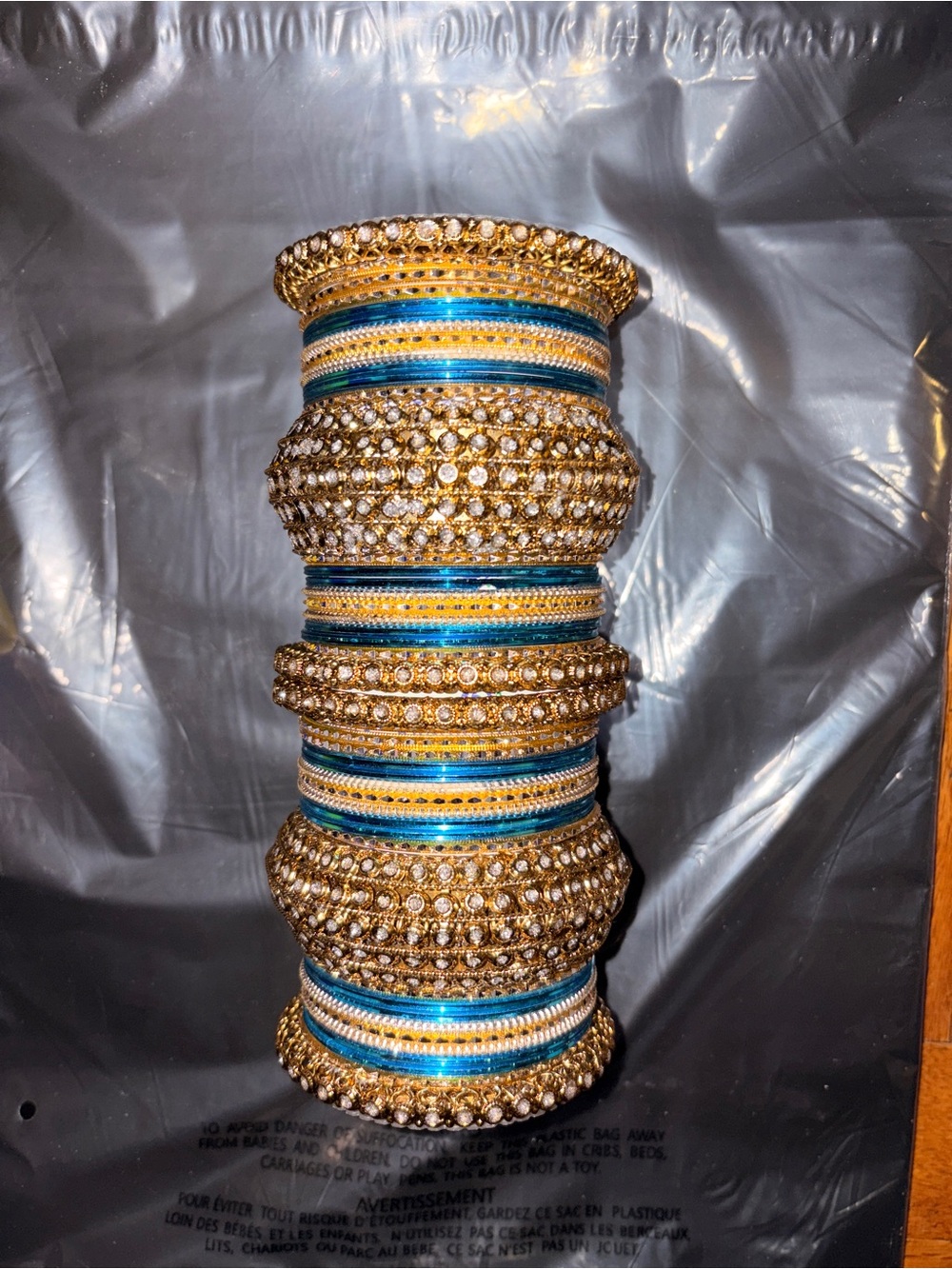FULL BANGLE SET: Gold and Blue Crystal-Embellished Women's Bangle Bracelet Set